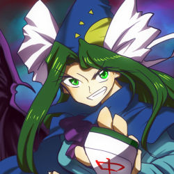 Rule 34 | &gt;:d, 1girl, :d, board game, bow, green eyes, green hair, grin, hat, hiseki (tknkkm), holding, holding mahjong tile, mahjong, mahjong tile, matching hair/eyes, mima (touhou), open mouth, smile, solo, touhou, touhou (pc-98), touhou unreal mahjong, v-shaped eyebrows, wings, wizard hat