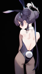 1girl absurdres animal_ears ass back bare_shoulders black_background black_hair black_pantyhose blue_archive blue_eyes double_bun eco_376124 fake_animal_ears hair_bun halo highres kisaki_(blue_archive) leotard long_hair looking_at_viewer looking_back pantyhose parted_lips playboy_bunny rabbit_ears rabbit_tail simple_background solo sweat tail twintails