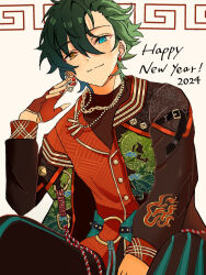 Rule 34 | 1boy, 2024, blue eyes, chinese new year, chinese zodiac, closed mouth, dragon print, earrings, english text, ensemble stars!, fingerless gloves, gloves, green hair, hair between eyes, happy new year, heterochromia, highres, jacket, jewelry, kagehira mika, looking at viewer, male focus, mimienstv, mixed-language commentary, necklace, new year, open clothes, open jacket, red nails, short hair, sitting, smile, solo, upper body, white background, year of the dragon, yellow eyes
