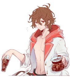Rule 34 | 1boy, ahoge, belt, bishounen, brown hair, coffee, coffee pot, cola, commentary request, cup, granblue fantasy, hair between eyes, holding, holding coffee pot, holding cup, hood, hood down, jacket, light frown, male focus, masakane, messy hair, multicolored clothes, navel, open clothes, open jacket, red eyes, sandalphon (granblue fantasy), sandalphon (summer) (granblue fantasy), short hair, sketch, sleeves rolled up, solo focus, upper body, white background