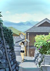 1girl absurdres black_shorts blue_sky building cloud cobblestone flower highres house lake meanstreet original path plant potted_plant purple_flower road sandals scenery shadow shirt short_hair short_sleeves shorts sky street summer traffic_mirror white_shirt