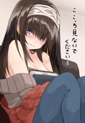 Rule 34 | 10s, 1girl, bare shoulders, black hair, blue dress, blue eyes, blush, book, hugging book, breasts, cleavage, commentary request, dress, embarrassed, eyes visible through hair, full-face blush, hairband, highres, holding, holding book, idolmaster, idolmaster cinderella girls, knees up, long hair, looking at viewer, looking to the side, medium breasts, hugging object, off shoulder, plaid, sagisawa fumika, shawl, shunichi, sitting, solo, sweater, translated