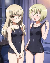 Rule 34 | 2girls, blonde hair, blush, breasts, closed eyes, erica hartmann, glasses, multiple girls, perrine h. clostermann, short hair, small breasts, smile, strike witches, swimsuit, world witches series, yellow eyes