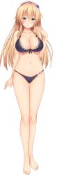 Rule 34 | 1girl, bare arms, bare legs, bare shoulders, barefoot, bikini, black bikini, blonde hair, blue eyes, blush, breasts, cleavage, closed mouth, feet, female focus, full body, game cg, gluteal fold, hair between eyes, hand up, highres, kyouno hana, large breasts, legs, long hair, looking at viewer, navel, nekonyan, original, smile, solo, standing, swimsuit, thigh gap, thighs, toes, tonari ni kanojo no iru shiawase ~curious queen~, transparent background