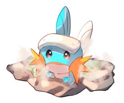 Rule 34 | animal focus, blue skin, colored skin, commentary request, creatures (company), fins, game freak, gen 3 pokemon, head fins, highres, lxipceluceos5r6, mudkip, nintendo, no humans, onsen, open mouth, pokemon, pokemon (creature), simple background, steam, tail, towel, white background
