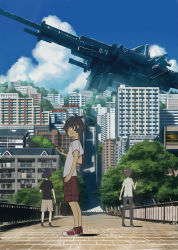 Rule 34 | 3boys, ace combat, ace combat 04, anime coloring, bad id, bad pixiv id, black hair, bridge, building, cannon, cellphone, cloud, day, looking at viewer, male focus, multiple boys, original, phone, rounin (amuza), short hair, shorts, smile, town