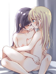 Rule 34 | 10s, 2girls, ass, ayase eli, between breasts, blonde hair, blue eyes, blush, breast press, breasts, closed eyes, collarbone, completely nude, hair down, hands on another&#039;s back, hug, long hair, love live!, love live! school idol project, medium breasts, mogu (au1127), multiple girls, nipples, nude, on bed, purple hair, sitting, smile, straddling, symmetrical docking, tojo nozomi, upright straddle, yuri