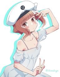 Rule 34 | 1girl, alternate costume, brown eyes, brown hair, double v, dress, flat chest, hat, highres, kantai collection, liking, one-hour drawing challenge, sailor hat, short hair, solo, v, white background, white dress, white hat, z3 max schultz (kancolle)