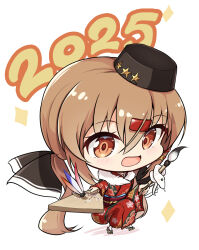 1girl 2025 alternate_costume black_bow bow brown_eyes brown_hair chibi chinese_zodiac commentary_request fur_hat hagoita hair_between_eyes hair_bow hair_ornament hairclip hat highres japanese_clothes kantai_collection kimono long_hair low_twintails new_year obi paddle papakha red_kimono sash snake solo sudachineko tashkent_(kancolle) twintails year_of_the_snake