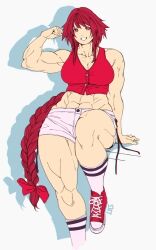 Rule 34 | 1girl, abs, absurdres, braid, braided ponytail, breasts, cleavage, commentary, highres, long hair, looking at viewer, muscular, muscular female, navel, okazaki yumemi, red eyes, red footwear, red hair, shorts, sidelocks, signature, simple background, sitting, socks, solo, touhou, touhou (pc-98), ultragruntyy, very long hair, white background, white shorts, white socks