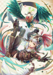 Rule 34 | 1boy, belt, bird, checkered background, chicken, chinese zodiac, feathers, flower, full body, green eyes, helmet, layered clothes, male focus, midriff peek, original, rooster, shorts, steampunk, white hair, yaguchi minato, year of the rooster