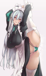 Rule 34 | 1girl, apron, aqua necktie, arms up, breasts, buttons, frilled apron, frilled sleeves, frills, garter straps, green panties, hair ribbon, highres, large breasts, leg lift, leg up, long hair, looking at viewer, maid, maid headdress, necktie, open mouth, original, panties, red eyes, ribbon, silver hair, simple background, smile, solo, split, standing, standing on one leg, standing split, thighhighs, thomasz, underwear, white apron, white background, white thighhighs