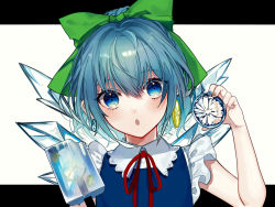 Rule 34 | 1girl, :o, adapted costume, bare arms, blue dress, blue eyes, blue hair, blue nails, blush, bow, cirno, commentary, daimaou ruaeru, dress, earrings, food, frilled sleeves, frills, fruit, green bow, hair between eyes, hair bow, hand up, head tilt, highres, holding, holding food, holding fruit, ice, ice wings, jewelry, lemon, lemon slice, letterboxed, looking at viewer, nail polish, neck ribbon, outside border, parted lips, pinafore dress, popsicle, red ribbon, ribbon, short hair, short sleeves, simple background, sleeveless dress, snowflakes, solo, touhou, white background, wing collar, wings
