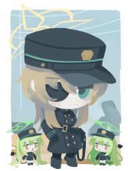 Rule 34 | 3girls, black coat, black gloves, black hat, black jacket, blue archive, blush, breasts, brown hair, chibi, closed mouth, cloud, coat, eyepatch, gloves, green eyes, green hair, hair between eyes, halo, hat, highres, hikari (blue archive), jacket, long hair, long sleeves, looking at viewer, multiple girls, nozomi (blue archive), parted lips, shirota (petapeta84), sky, suou (blue archive), sweat, tail, twintails, uniform, very long hair