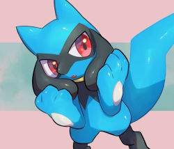 Rule 34 | :o, commentary request, creature, creatures (company), fang, game freak, gen 4 pokemon, hands up, highres, looking to the side, nintendo, no humans, nullma, open mouth, pokemon, pokemon (creature), red eyes, riolu, shiny skin, solo, standing