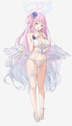 Rule 34 | 1girl, alternate hairstyle, angel wings, ankle bow, ankle ribbon, aqua hair, bare shoulders, bikini, black scrunchie, blue archive, blue flower, blush, bow, bow bikini, bow choker, breasts, choker, cleavage, collarbone, crescent, dema hmw, feathered wings, flower, full body, gradient hair, groin, hair flower, hair ornament, halo, high heels, highres, knees, large breasts, legs, lips, long hair, looking at viewer, low wings, mika (blue archive), multicolored hair, navel, open mouth, own hands together, pink hair, pink halo, raised eyebrows, ribbon, scrunchie, simple background, single hair ring, smile, solo, starry sky print, stomach, swimsuit, thigh strap, thighs, toe cleavage, very long hair, white background, white bikini, white bow, white choker, white footwear, white wings, wings, wrist scrunchie, yellow eyes
