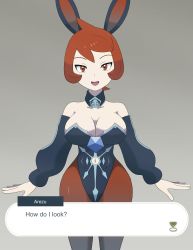 Rule 34 | 1girl, absurdres, alternate breast size, animal ears, arezu (pokemon), bare shoulders, black pantyhose, blue leotard, blue sleeves, breasts, cleavage, clothing cutout, collarbone, cowlick, creatures (company), curvy, detached collar, detached sleeves, dialogue box, english text, fake animal ears, game freak, gradient legwear, grey background, highleg, highleg leotard, highres, large breasts, leotard, looking at viewer, mrresistance101, navel, navel cutout, nintendo, open hands, open mouth, pantyhose, playboy bunny, pokemon, pokemon legends: arceus, red eyes, red hair, red pantyhose, short hair, smile, solo, standing, strapless, strapless leotard, swept bangs, teeth, thick thighs, thigh strap, thighs, upper teeth only, wide hips