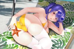 Rule 34 | 1girl, ass, aviator sunglasses, azur lane, bare shoulders, bikini, blush, breasts, butt crack, eyewear on head, large breasts, long hair, looking at viewer, official alternate costume, open mouth, pola (azur lane), pola (seaside coincidence) (azur lane), starfish, sunglasses, swimsuit, thighhighs, thighs, white thighhighs, yayanri, yellow bikini