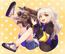 Rule 34 | 1girl, absurdres, apex legends, backpack, bag, black hoodie, blonde hair, blue shorts, brown eyes, chano (22chano death), charge rifle, commission, energy gun, flat chest, grey footwear, gun, hair behind ear, highres, holding, holding gun, holding weapon, hood, hoodie, indie virtual youtuber, kohaku gumi, long hair, open mouth, second-party source, shoes, shorts, skeb commission, smile, sneakers, solo, two side up, virtual youtuber, weapon