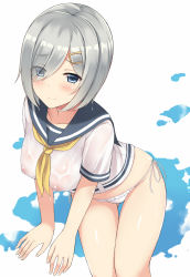 Rule 34 | 10s, 1girl, blue eyes, breasts, breasts squeezed together, collarbone, covered erect nipples, eyes visible through hair, frilled panties, frills, groin, hair ornament, hair over one eye, hairclip, hamakaze (kancolle), highres, kantai collection, large breasts, leaning to the side, looking at viewer, mizunashi kenichi, neckerchief, nipples, no bra, no pants, one eye covered, panties, school uniform, serafuku, shiny skin, shirt, short hair, side-tie panties, silver hair, simple background, sitting, solo, thigh gap, underwear, water, water drop, wet, wet clothes, wet hair, wet shirt, white background, white panties, white shirt, yellow neckerchief