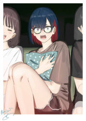 Rule 34 | 3girls, bespectacled, black hair, black shirt, blue hair, blurry, border, brown hair, brown shirt, colored inner hair, commentary, couch, depth of field, feet out of frame, glasses, hair behind ear, highres, indoors, isshiki (ffmania7), kamitsubaki studio, knees up, laughing, light blush, looking at viewer, medium hair, multicolored hair, multiple girls, hugging object, on couch, open mouth, people, pillow, pillow hug, red hair, red shorts, rim (kamitsubaki studio), scared, shirt, short eyebrows, short hair, short shorts, short sleeves, shorts, signature, sitting, solo focus, symbol-only commentary, t-shirt, twitter username, v-shaped eyebrows, virtual youtuber, watching television, wavy mouth, white border, white shirt, wide-eyed