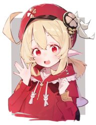 Rule 34 | 1girl, ahoge, blonde hair, blurry, border, cabbie hat, clover print, cropped torso, depth of field, drawstring, fujiwara gacho, genshin impact, hat, hat feather, klee (genshin impact), looking at viewer, low twintails, open mouth, outside border, pointy ears, red eyes, red hat, short twintails, solo, twintails, upper body, waving, white border