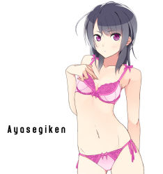 Rule 34 | 1girl, ayase (ayasegiken), bare arms, bare shoulders, black hair, blush, bow, bow panties, bra, collarbone, hand on own chest, lace, lace-trimmed bra, lace-trimmed panties, lace trim, lingerie, looking at viewer, navel, original, panties, pink bra, pink panties, purple eyes, side-tie panties, simple background, solo, standing, underwear, underwear only, white background