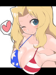 Rule 34 | 1girl, ;), absurdres, american flag bikini, american flag print, bikini, blonde hair, blue eyes, blush, breast hold, breasts, cleavage, closed mouth, commentary, flag print, girls und panzer, hair intakes, heart, highres, kay (girls und panzer), large breasts, leaning forward, letterboxed, long hair, looking at viewer, one-hour drawing challenge, one eye closed, print bikini, skindentation, smile, solo, spoken heart, swimsuit, white background, yabai gorilla