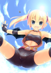 Rule 34 | 2girls, :d, aq interactive, arcana heart, armpits, atlus, bandeau, bat wings, bike shorts, blonde hair, blue eyes, breasts, cape, cloud, collar, crotch, day, demon girl, earrings, elbow pads, examu, fangs, female focus, fingerless gloves, flat chest, flying, from below, gloves, hair ornament, hat, jewelry, knee pads, lilica felchenerow, long hair, midriff, mike (arcana heart), multiple girls, open clothes, open mouth, open shirt, outdoors, outstretched arms, pointy ears, shiny clothes, shirt, skull, sky, small breasts, smile, spread arms, spread legs, staff, sun, thighhighs, twintails, unikurage, unzipped, wings, witch, witch hat, yasuzumi yoriko, zettai ryouiki, zipper
