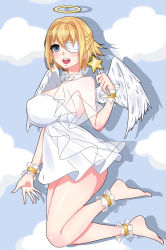 Rule 34 | 1girl, alternate costume, angel wings, ankle cuffs, anklet, bad id, bad pixiv id, barefoot, blonde hair, blue eyes, breasts, capelet, dress, eyepatch, halo, highres, huge breasts, jewelry, jumping, looking at viewer, microdress, no bra, open mouth, prince of wales (warship girls r), see-through, short dress, short hair, solo, wan nian da zha de r, wand, warship girls r, white dress, wings