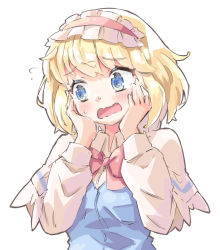 Rule 34 | 1girl, alice margatroid, arnest, blonde hair, blue dress, blue eyes, blush, bow, bowtie, capelet, commentary, dress, frilled hairband, frills, hairband, hands on own cheeks, hands on own face, hands up, head tilt, lolita hairband, long sleeves, open mouth, pink bow, pink bowtie, shirt, short hair, simple background, solo, touhou, upper body, white background, white capelet, white shirt