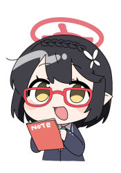 Rule 34 | 1girl, :d, ayane (blue archive), black hair, blazer, blue archive, blue necktie, blush stickers, book, braid, braided bangs, chibi, flower, glasses, hair flower, hair ornament, halo, highres, holding, holding book, jacket, junsuina fujunbutsu, looking at viewer, necktie, notebook, open mouth, pointy ears, red-framed eyewear, simple background, smile, solo, swept bangs, upper body, white background, yellow eyes