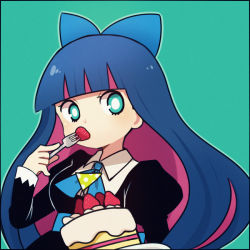 Rule 34 | 1girl, ayu (mog), blue eyes, blue hair, bow, cake, colored inner hair, eating, food, fork, fruit, hair bow, long hair, looking at viewer, multicolored hair, panty &amp; stocking with garterbelt, plate, solo, stocking (psg), strawberry, strawberry shortcake, two-tone hair
