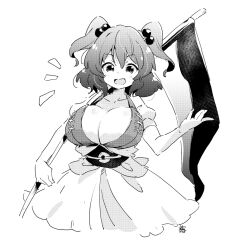 Rule 34 | 1girl, :d, blush, breasts, breasts day, carrying over shoulder, cleavage, greyscale, hair between eyes, hair bobbles, hair ornament, hand up, holding, holding scythe, large breasts, looking at viewer, medium hair, monochrome, no bra, onozuka komachi, open mouth, over shoulder, scythe, skirt, smile, solo, tanasuke, touhou, weapon, weapon over shoulder