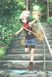 Rule 34 | 1girl, ankle boots, ari hinoko, armpits, bag, bandana, beanie, bike shorts, bike shorts under shorts, black eyes, black hair, blurry, blush, boots, bush, deko (kamemaru), denim, denim shorts, depth of field, full body, gloves, hat, hat feather, holster, looking at viewer, open mouth, original, outdoors, outstretched arms, pants, pants rolled up, pouch, puddle, railing, satchel, short hair, shorts, solo, splashing, stairs, standing, standing on one leg, tank top, thigh holster, torii, tree, water