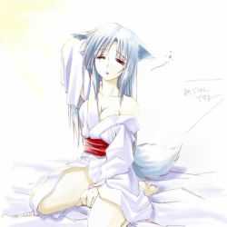 Rule 34 | 1girl, animal ears, barefoot, bed, breasts, cat ears, cat tail, cleavage, gingitsune (ukagaka), japanese clothes, kimono, long hair, off shoulder, one eye closed, open mouth, original, red eyes, silver hair, sitting, sleepy, solo, tail, ukagaka, wink