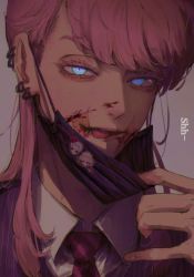 Rule 34 | 1boy, blood, blood on face, blue eyes, collared shirt, dress shirt, earrings, eyelashes, gugong (90 un), hand up, highres, jacket, jewelry, long hair, looking at viewer, male focus, mask, mask pull, mouth mask, necktie, open mouth, pink hair, pink necktie, pinstripe pattern, portrait, purple jacket, sano manjirou, sanzu haruchiyo, scar, scar on face, shirt, simple background, smile, solo, sticker, striped, tokyo revengers, tongue, tongue out, white shirt
