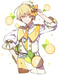 Rule 34 | 1boy, absurdres, arm up, beret, blonde hair, bow, buttons, closed mouth, clothing cutout, collared shirt, cowboy shot, double-breasted, food, food-themed bag, fruit, hat, hat bow, highres, hoshi-toge, lemon, long sleeves, looking at viewer, male focus, necktie, pants, project sekai, ribbon, shirt, short hair, shoulder cutout, simple background, smile, solo, tenma tsukasa, white background, white hat, white pants, white shirt, yellow bow, yellow eyes, yellow necktie, yellow ribbon