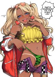 Rule 34 | 1boy, :d, animal print, armlet, bare shoulders, belt, blonde hair, blue eyes, bracelet, bulge, cowboy shot, dark-skinned male, dark skin, denim, earrings, english text, eyewear on head, fingernails, frills, gyaru, hand on own face, heart, heart earrings, highres, jacket, jewelry, looking at viewer, mole, mole under eye, mole under mouth, morino bambi, nail polish, navel piercing, open clothes, open fly, open mouth, open shorts, original, piercing, pulling own clothes, purple shorts, ring, shirt, shorts, smile, speech bubble, standing, star (symbol), strapless, sunglasses, tan, tanline, thong, tiger print, torn clothes, torn shorts, trap, tube top, twintails, undressing, white background, yellow shirt