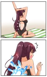 Rule 34 | 1girl, black one-piece swimsuit, dulldull, girls&#039; frontline, hair ribbon, highres, long hair, official alternate costume, one-piece swimsuit, one side up, purple hair, red eyes, ribbon, solo, splashing, swimsuit, tan, tanline, towel, very long hair, wa2000 (girls&#039; frontline), wa2000 (op. manta ray) (girls&#039; frontline), waking up
