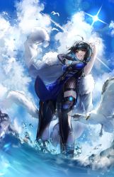 Rule 34 | 1girl, absurdres, ahoge, armpits, arms up, asymmetrical gloves, bird, black hair, black thighhighs, blue dress, blue shirt, breasts, brown eyes, cosplay, cross, cross earrings, detached sleeves, dress, ear piercing, earrings, full body, genshin impact, gloves, grin, highres, holding, holding clothes, holding jacket, irene (kanniiepan), jacket, jacket over shoulder, unworn jacket, jewelry, kanniiepan, lens flare, looking at viewer, medium breasts, mole, mole under eye, original, partially submerged, pelvic curtain, piercing, seagull, shirt, short hair, single sleeve, smile, solo, standing, tassel, thighhighs, white gloves, white jacket, yelan (genshin impact), yelan (genshin impact) (cosplay)