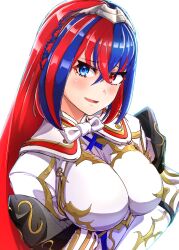 Rule 34 | 1girl, absurdres, alear (female) (fire emblem), alear (fire emblem), blue eyes, blue hair, blush, crossed bangs, fire emblem, fire emblem engage, hair between eyes, heterochromia, highres, looking at viewer, multicolored hair, nintendo, open mouth, red eyes, red hair, smile, solo, split-color hair, tiara, to (tototo tk), two-tone hair, white background