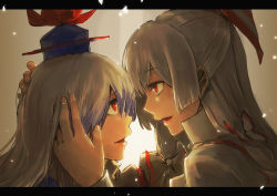 Rule 34 | 2girls, blue hair, bow, eye contact, face-to-face, female focus, forehead-to-forehead, fujiwara no mokou, hair bow, hair ribbon, hand on head, hat, heads together, holysnow, kamishirasawa keine, letterboxed, lips, long hair, looking at another, multicolored hair, multiple girls, open mouth, profile, red eyes, ribbon, silver hair, touhou, two-tone hair