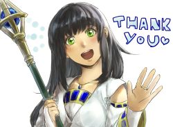 Rule 34 | 1girl, black hair, detached sleeves, gensou suikoden, green eyes, ikunosake, jewelry, long hair, long sleeves, looking at viewer, necklace, open mouth, simple background, smile, solo, staff, viki (suikoden), white background