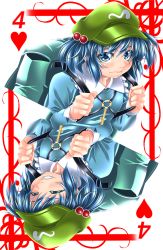 Rule 34 | 1girl, backpack, bag, blue eyes, blue hair, card, card (medium), closed eyes, dual persona, fangs, hair bobbles, hair ornament, hat, highres, kawashiro nitori, key, looking at viewer, playing card, rotational symmetry, short hair, simple background, smile, touhou, twintails, two side up, yoiti
