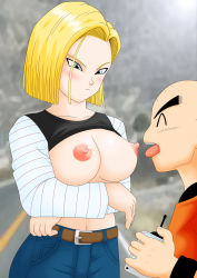 Rule 34 | absurdres, android 18, belt, blonde hair, blue eyes, blush, breasts, clothes lift, crossed arms, denim, dragon ball, highres, jeans, navel, nipples, pants, shirt lift, short hair