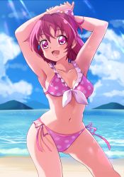 Rule 34 | 1girl, absurdres, aida mana, arms up, beach, bikini, breasts, cloud, cloudy sky, cowboy shot, day, dokidoki! precure, flipped hair, hair ribbon, happy, highres, island, looking at viewer, medium hair, ocean, open mouth, outdoors, pink bikini, pink eyes, pink hair, polka dot, polka dot swimsuit, precure, ribbon, sand, sky, small breasts, smile, solo, sunlight, swimsuit, tirofinire, water