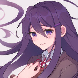 Rule 34 | 1girl, blush, closed mouth, commentary, doki doki literature club, hair ornament, hairclip, hands up, long hair, long sleeves, looking at viewer, m1stm1, neck ribbon, portrait, purple eyes, purple hair, red ribbon, ribbon, school uniform, simple background, solo, upper body, white background, yuri (doki doki literature club)