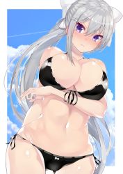 Rule 34 | 1girl, :t, arm behind back, bad id, bad twitter id, bare shoulders, bikini, black bikini, blue sky, blush, bow, breast hold, breasts, cleavage, closed mouth, cloud, collarbone, commentary request, contrail, cowboy shot, day, embarrassed, fingernails, front-tie bikini top, front-tie top, gluteal fold, groin, hair between eyes, hair bow, hair ornament, hairclip, highres, higuchi kaede, large breasts, long fingernails, long hair, looking at viewer, mole, mole under eye, nail polish, navel, nijisanji, outdoors, pink nails, ponytail, pout, purple eyes, side-tie bikini bottom, sidelocks, silver hair, sky, solo, standing, stomach, swimsuit, very long hair, virtual youtuber