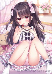 Rule 34 | 1girl, bare arms, bare shoulders, black bow, black hair, blush, bow, candy, commentary request, curtains, flower, food, frilled pillow, frills, hair between eyes, hair bow, hands up, heart, holding, holding candy, holding food, holding lollipop, knees together feet apart, knees up, lollipop, long hair, mitsuba choco, no shoes, original, panties, parted lips, pillow, pink bow, pink flower, pink panties, pink skirt, pleated skirt, red eyes, sitting, skirt, socks, solo, striped, striped bow, stuffed animal, stuffed rabbit, stuffed toy, transparent, two side up, underwear, very long hair, white socks, window